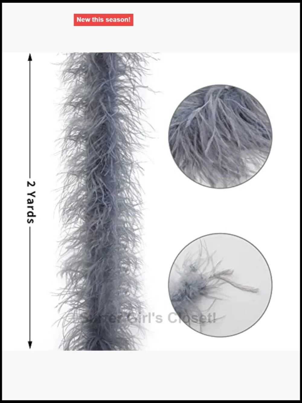 Grey Ostrich Feather Boa 2 Yards Long Fluffy Scarf Party Accessory DIY Craft